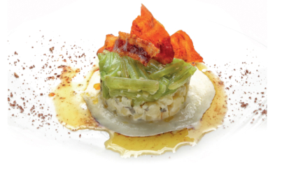 Receta de turbante de borraja sobre patata trufada con azafrán